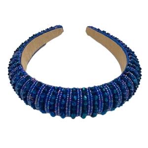 Padded blue beaded headband with iridescent crystals and soft interior lining