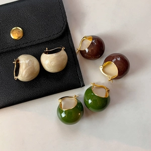Vintage enamel ball stud earrings in cream, chocolate and green with leather pouch