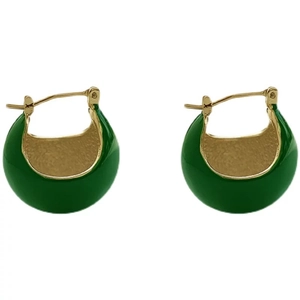 Retro C-shaped gold-plated earrings with deep green enamel glaze on a white background