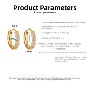 Detailed spec sheet showing 14mm gold titanium earrings with triple rows of zircon stones
