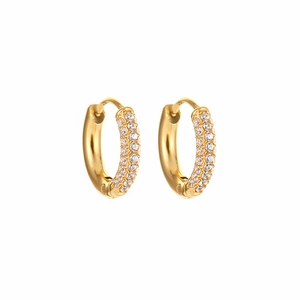 Golden stainless steel hoop earrings with triple rows of white zircon crystals