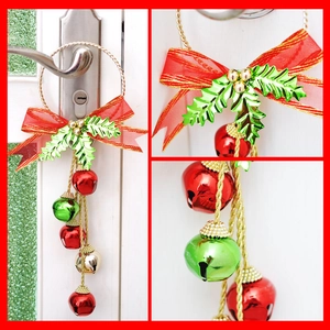 Decoración Colgante de Navidad con Cascabeles de Metal Lazo de Satén y Hojas de Acebo para Manija de Puerta Hogar Festival