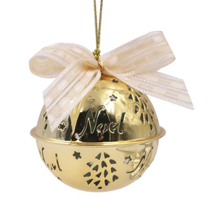 Detail of golden Noel bell with star cutouts and a plaid bow for Christmas decor