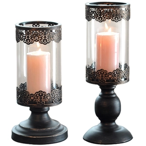Vintage European style black metal candle holders with glass covers and intricate carvings