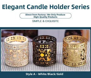 Tres candelabros de metal calado en blanco, negro y dorado con patrón de mandala