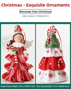 Detail of angel and Christmas tree clay ornaments with red and white festive stripes