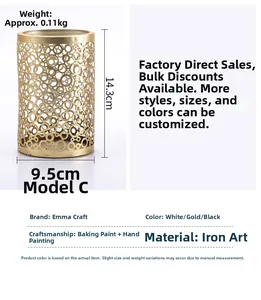 Detalle del portavelas de metal dorado con dimensiones 14,3 cm de alto y 9,5 cm de diámetro