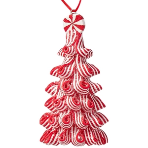Roter und weißer Weihnachtsbaumschmuck in Zuckerstangenoptik mit Glitzer und Kordel