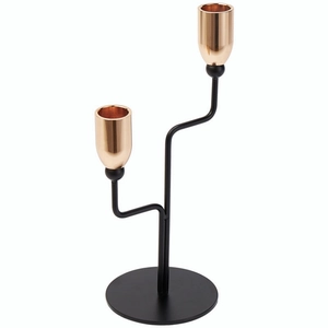 Moderner zweiköpfiger Kerzenhalter aus Metall in Mattschwarz und Roségold-Finish