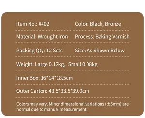 Produktspezifikationen für Kerzenhalter aus Eisen in Schwarz und Bronze mit Maßen