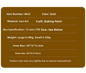 Specifications of gold iron candle holders with size, weight, and painting process details