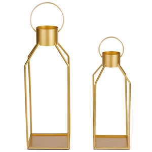 French style gold iron candle holder set with minimalist geometric frame and top handle ring