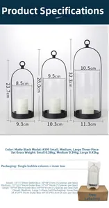 Set di 3 lanterne in ferro nero opaco con coperture in vetro e specifiche dimensionali