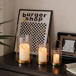 Candeliere in Ferro e Vetro Retro Nordico Lanterna Antivento Geometrica Con Maniglia Per Decorazione Tavolo Matrimonio Casa Soggiorno Centrotavola