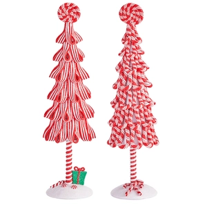 Set aus rot-weißen gestreiften Zuckerstangen-Weihnachtsbäumen auf Schneesockel