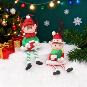 Weihnachtself Hängende Ornamente Polymer-Ton Rot Grün Gestreiftes Bein Zwerg Für Festliche Weihnachtsbaum Heimdekoration
