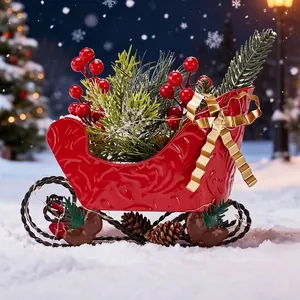 Christmas Red Metal Sleigh Decoration With LED String Lights Simulation Pine Branches Red Berries Desktop Holiday Ornament
