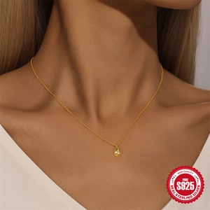 S925 sterling silver teardrop necklace with white zircon on elegant gold O-chain