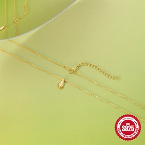 Elegant gold S925 sterling silver teardrop pendant necklace with a sparkling white zircon