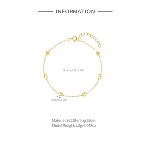Detailed view of 925 sterling silver gold heart bracelet with dimensions and specs