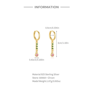 Detailed size specifications for S925 silver hoop earrings with pink and green zircons