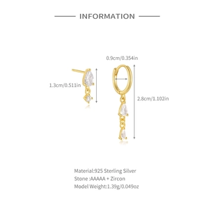 Detailed sizing chart for gold S925 silver asymmetric droplet earrings with AAAAA zircon