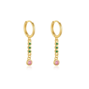 Detail of gold hoops with cascading green and pink cubic zirconia gemstones