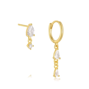 Detail of asymmetric gold drop earrings with clear water drop gemstones and hoop design