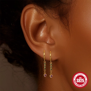S925 silver gold-plated hoop earrings featuring green and pink purple drop crystals