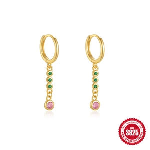 Elegant gold S925 sterling silver drop earrings with pink and green cat eye stones