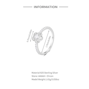 Detailed size specifications for S925 sterling silver flower ring with AAAAA zircon stones