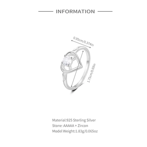 Detailed technical drawing of S925 sterling silver heart ring with zircon dimensions