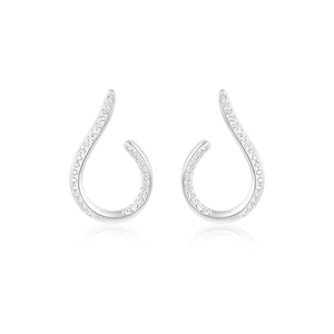 Macro detail of S925 sterling silver curved teardrop earrings with pavé zircon stones