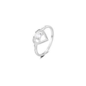 Close-up of S925 sterling silver ring with hollow heart and sparkling cubic zirconia