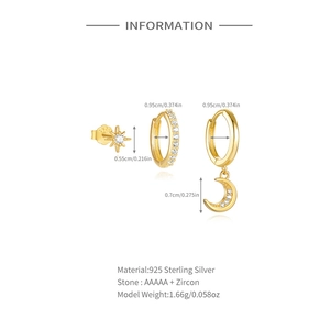 Detailed view of S925 sterling silver earring set with dimensions and zircon specs
