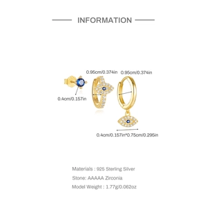 Detailed view of S925 sterling silver earring set featuring blue zircon and evil eye charm