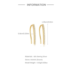 S925 sterling silver curved drop earrings with AAAAA zirconias and size measurements