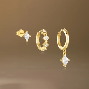 Close-up of S925 sterling silver earring set with star moon charms and clear zircons