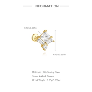 Detail of 925 sterling silver geometric earring with AAAAA zirconia and screw back design