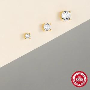 Lot de 3 paires de puces d'oreilles en argent S925 plaqué or avec zircons ronds