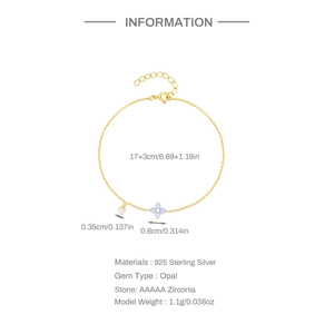 Minimalist S925 sterling silver gold chain bracelet with blue opal clover and zircon stone