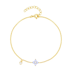 S925 silver gold bracelet with light blue opal clover and sparkling zircon pendants