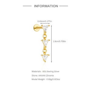 Detailed view of 925 sterling silver ear stud with triple AAA zirconia triangle drops