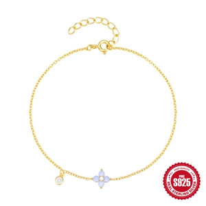S925 Sterling Silver Gold Plated Light Blue Opal Four Leaf Clover Bracelet For Women Minimalist Zirconia Adjustable Jewelry