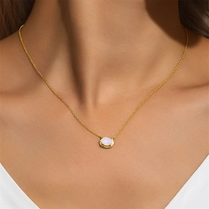 Macro detail of the S925 sterling silver opal pendant necklace on a female model neck