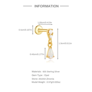 Detailed size chart of S925 silver clover earring with AAAAA zirconia and drop opal