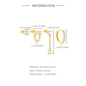 Infografía de set de pendientes de plata S925 dorada con circón AAAAA y dimensiones