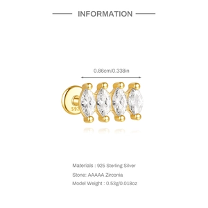Details van S925 sterling zilveren gouden oorknopje met marquise zirkonia en maten
