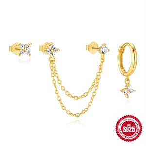 Set de pendientes de flor en plata de ley 925 dorada con pétalos y borla de circón