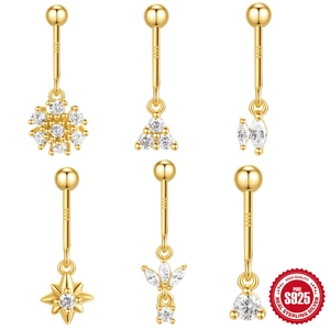 Set of six gold S925 silver navel rings with marquise and round zircon snowflake designs